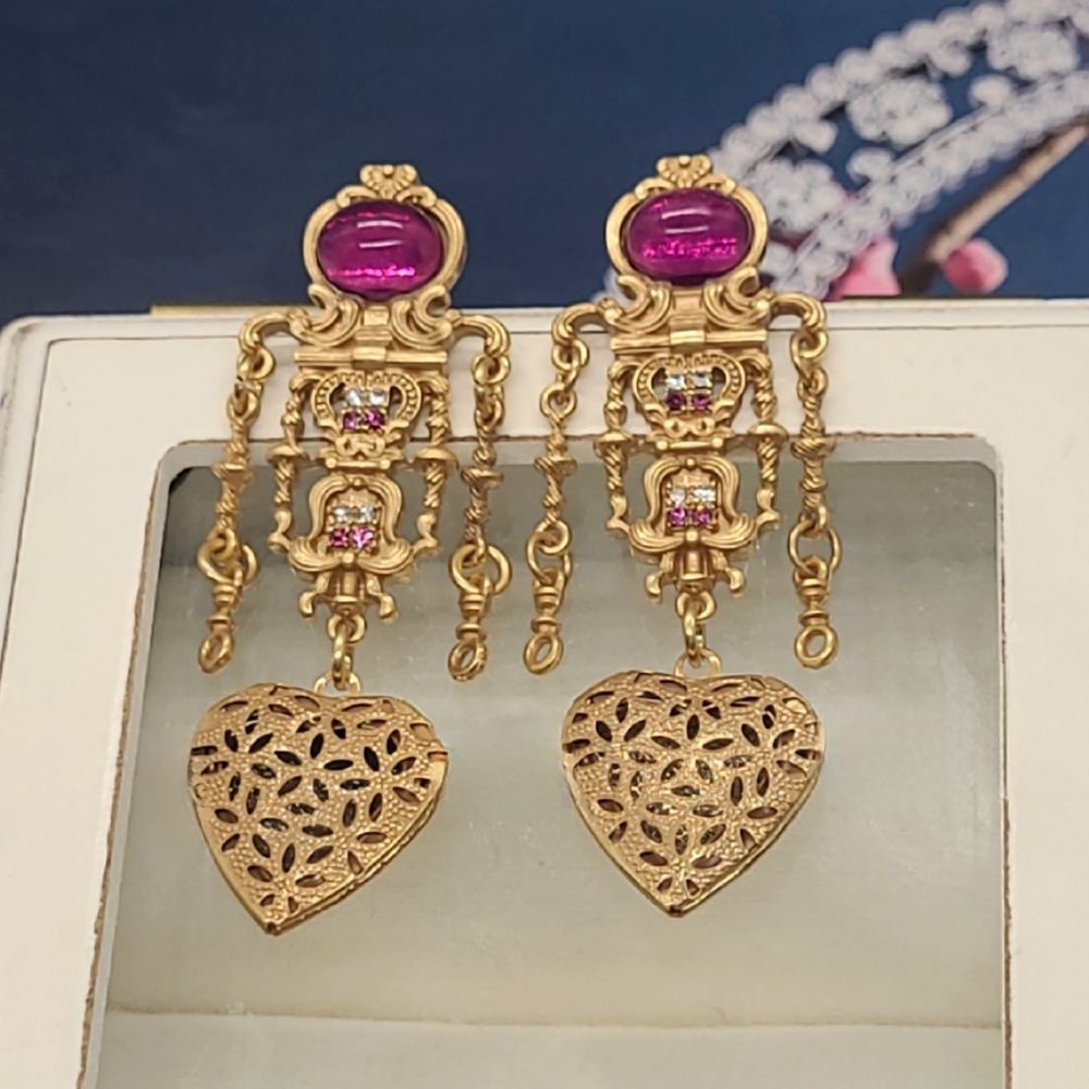 Vintage Estate Signed Multistone Dangle Heart Locket Gold Earrings - Picture 3 of 10